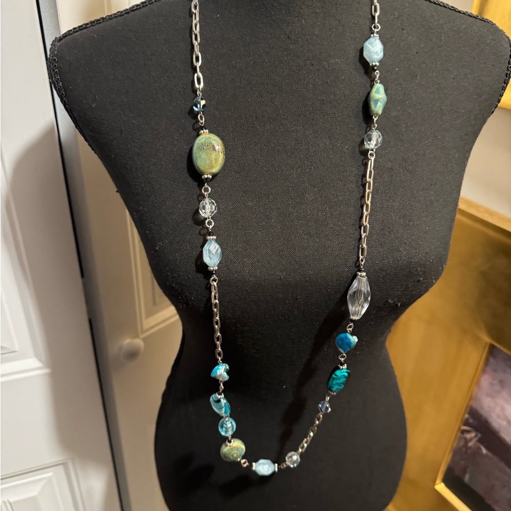 Long Turquoise-coloured and Aqua Beaded Station Necklace - Women Jewelry